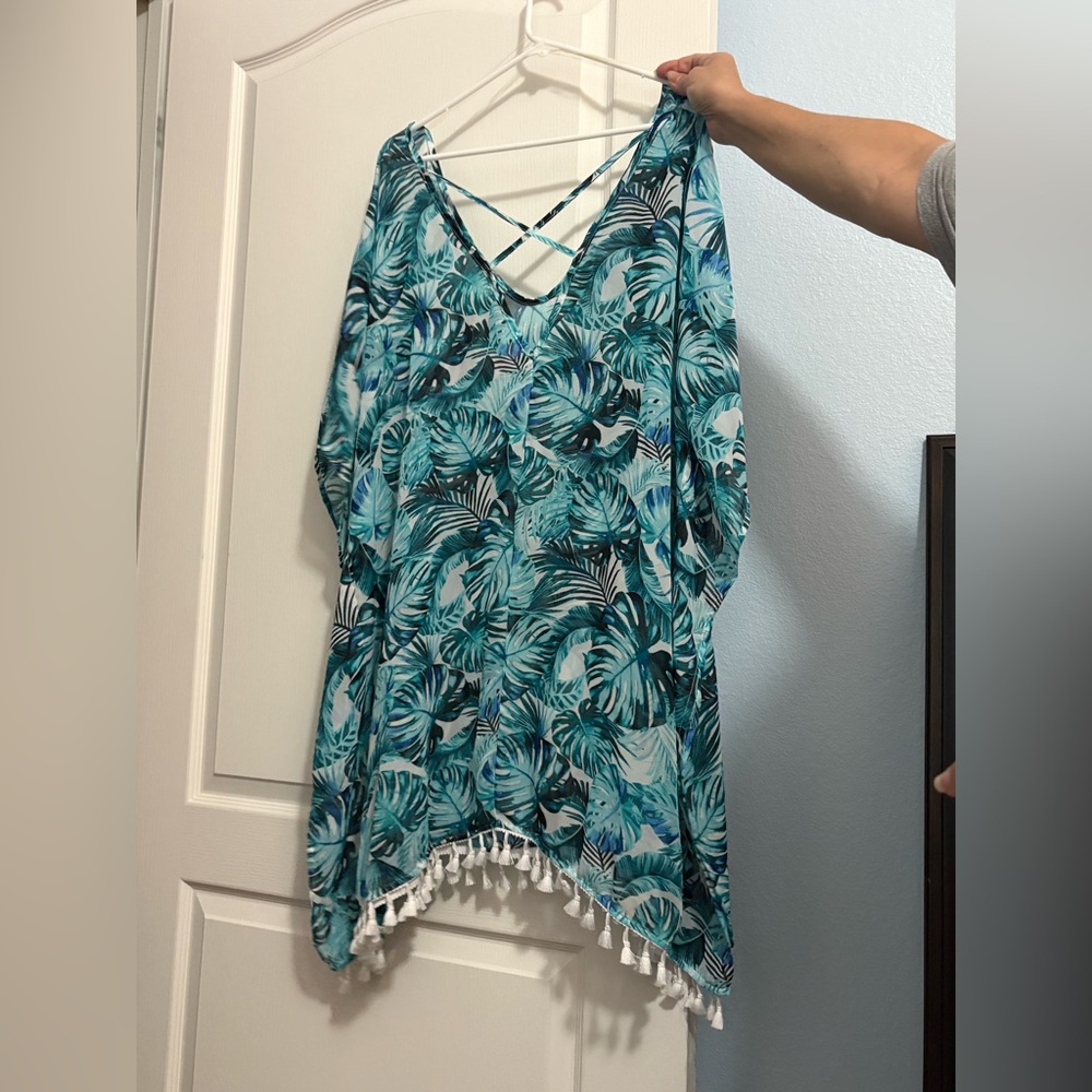 No Boundaries Blue and Green Swim Coverup with Tassel Trim